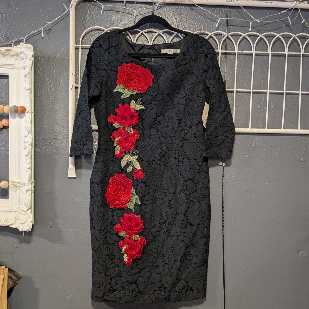 Boston Proper Black Lace Dress with Red Floral Accents